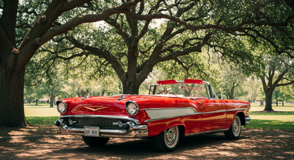 A red vintage car parked under a tree #1