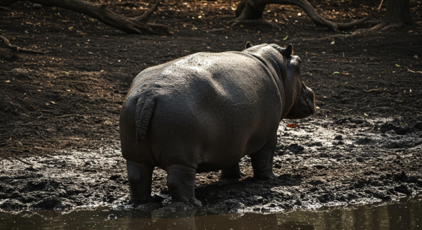 Back view of a hippo in a muddy pond #1
