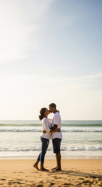 A young black man and woman kissing at the beach #2
