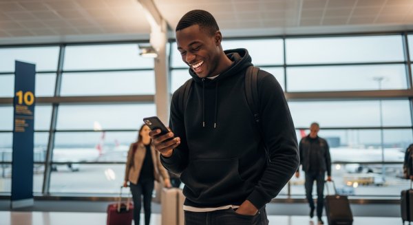 A young black man in a black hoodie, looking very happy with his phone at the airport #3