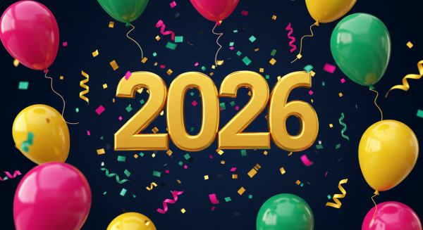 Colorful balloons and confetti flying around shiny golden text ‘2026’ #3