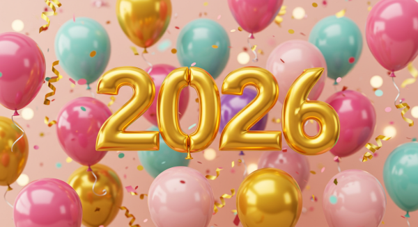 Colorful balloons and confetti flying around shiny golden text ‘2026’ #1