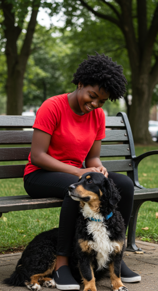 A black young woman in a red shirt sitting on a bench with his dog #3