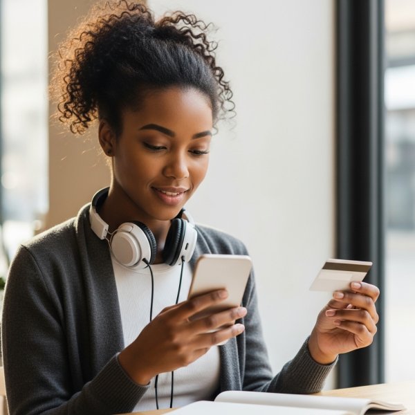 A young, pretty African lady looking down on her phone with a card and headset #1