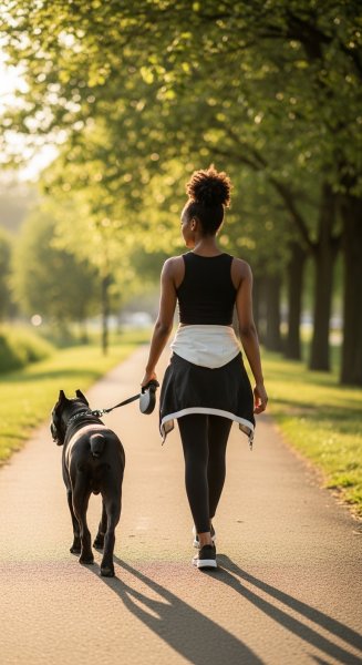 Back view of a black young lady walking with her cane corso dog #1