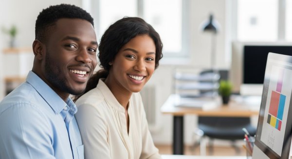 A young black man and woman sitting behind a computer, smiling #2