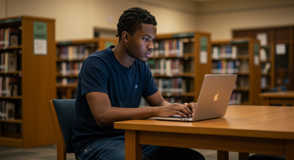 A black male student in a blue shirt sitting behind a laptop in a library