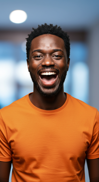 A happy black man in an orange shirt saying yes #2