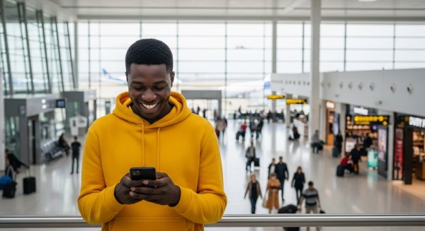 A young black man in a yellow hoodie, looking very happy with his phone at the airport #1