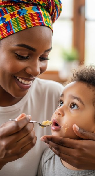 Close-up of a happy African mother feeding her child #3
