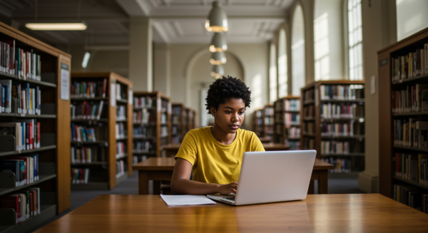 A black female student in a yellow shirt sitting behind a laptop in a library #3