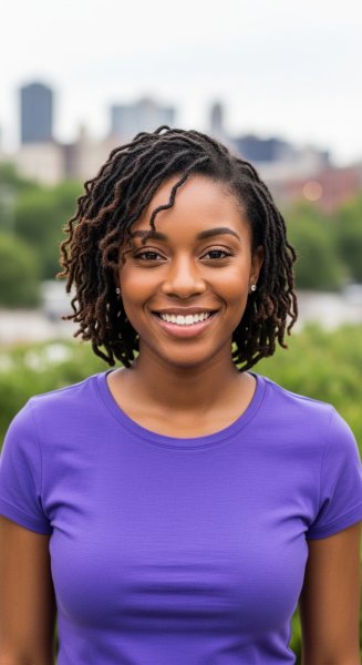 A young black woman in a purple shirt smiling #4