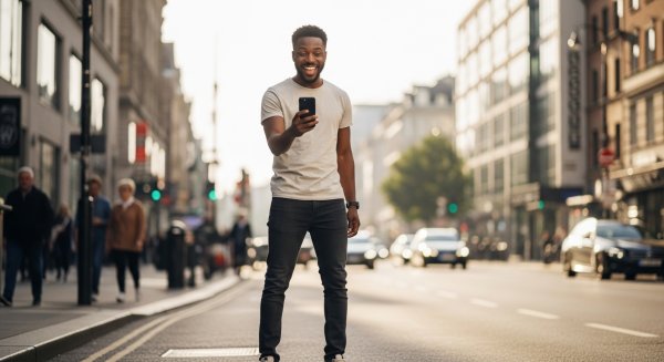 A black man holding his phone and feeling excited #3