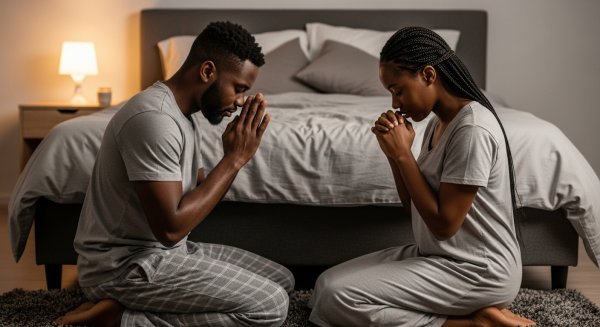 A black man and a black woman on their knees, praying by their bed #4