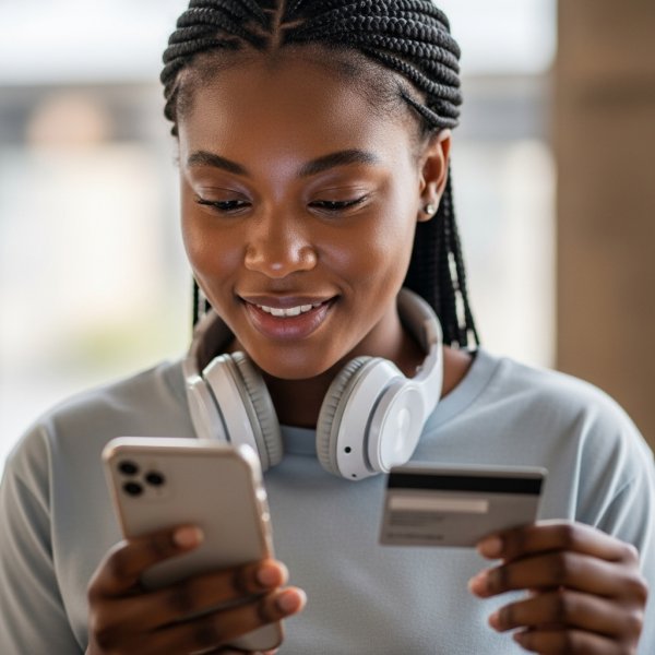A young, pretty African lady looking down on her phone with a card and headset #3