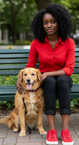 A black young woman in a red shirt sitting on a bench with his dog #1