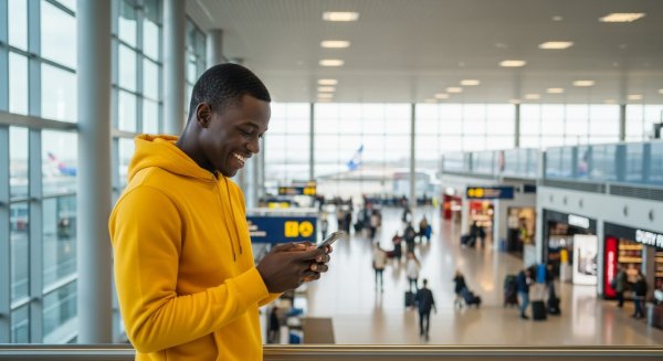 A young black man in a yellow hoodie, looking very happy with his phone at the airport #2