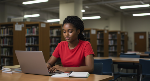 A black female student in a red shirt sitting behind a laptop in a library #1