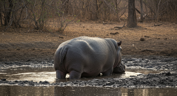 Back view of a hippo in a muddy pond #2