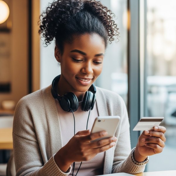 A young, pretty African lady looking down on her phone with a card and headset #2