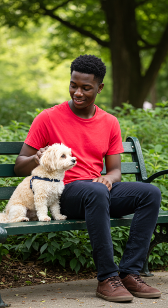 A black young man in a red shirt sitting on a bench with his dog #2