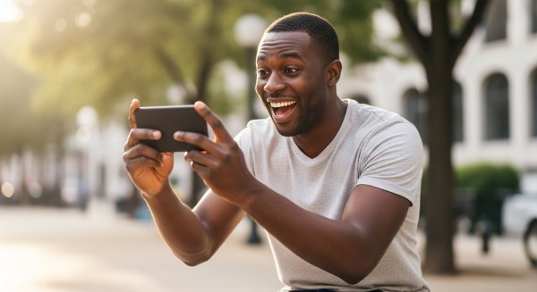 A black man holding his phone and feeling excited #1