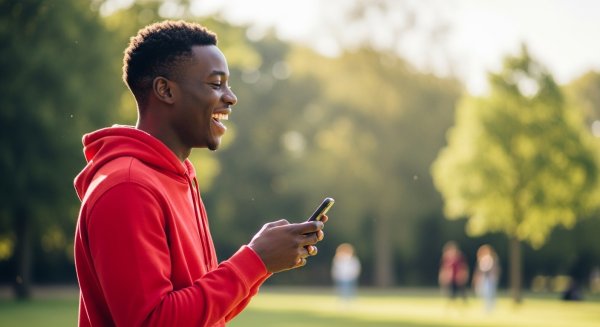 A young black man in a red hoodie, looking very happy with his phone #3