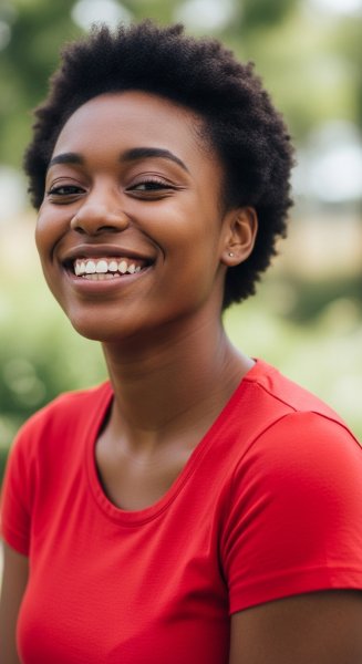 A young black woman in a red shirt smiling #4