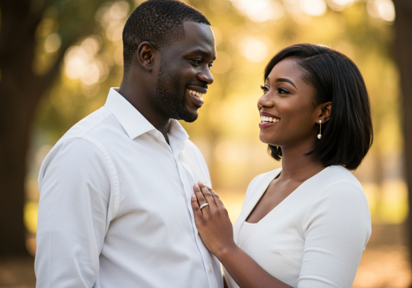 A happy black man and woman in white attire smiling at their love #1