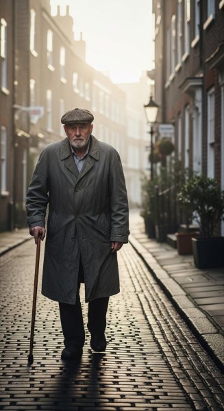 A white old man with a stick walking on a quiet street #3