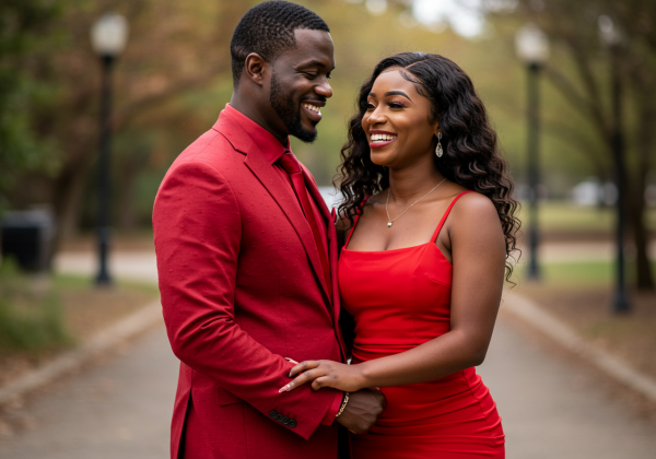 A happy black man and woman in red attire smiling at their love #2