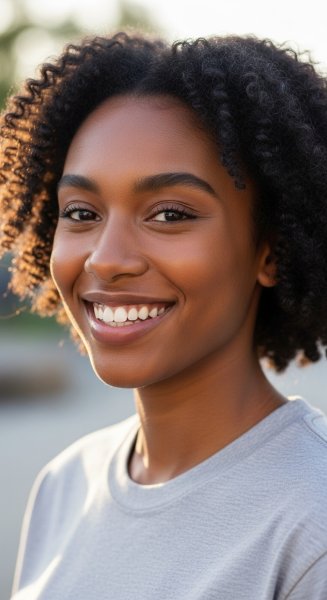 A young black woman in a grey shirt smiling #1