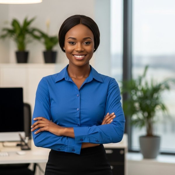 A young happy African woman in a blue shirt standing in her office and smiling #1