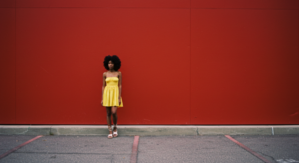 A young black woman standing by a red wall in a far-off shot #2