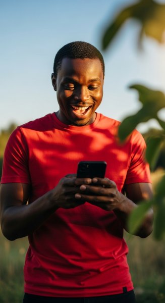 A black man in a red shirt holding his phone and feeling excited #4