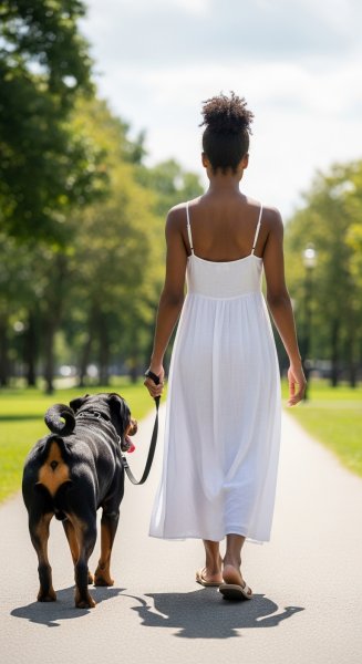 Back view of a black young lady in a white dress walking with her Rottweiler dog #3
