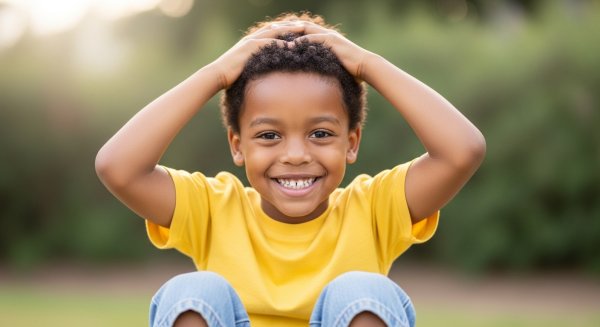 A happy African male child with his hands on his head #3