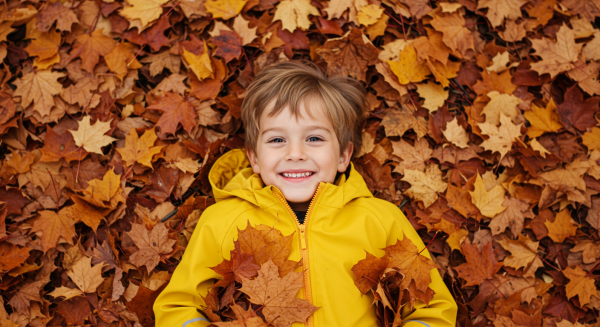 Overhead shot of a kid smiling in yellow rain jacket and lying in a pile of fall leaves #3