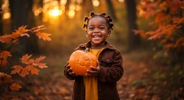 Little black girl holding a pumpkin in both hands, standing in a forest filled with orange and red autumn leaves #3