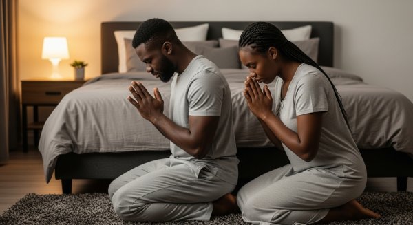 A black man and a black woman on their knees, praying by their bed #2