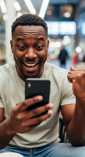 A black man holding his phone and feeling excited #4