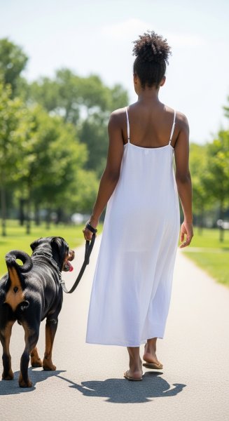 Back view of a black young lady in a white dress walking with her Rottweiler dog #4