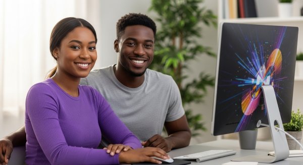 A young black man and woman in a purple shirt sitting behind a computer, smiling #2