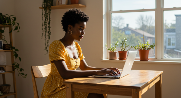 A young black woman in yellow using her laptop #4
