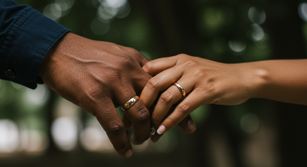 A black man and a woman's hands held together, showing their rings #3