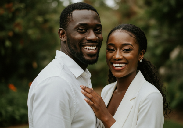 A happy black man and woman in white attire smiling at their love #3