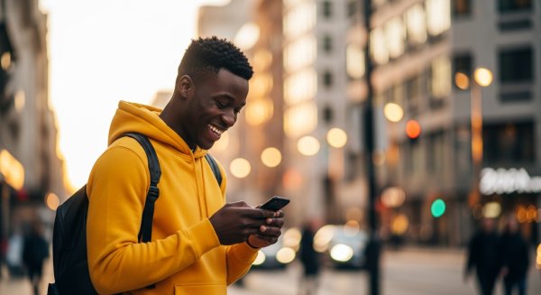 A young black man in a yellow hoodie, looking very happy with his phone #2