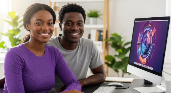 A young black man and woman in a purple shirt sitting behind a computer, smiling #3