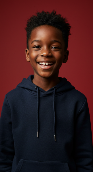 Happy black boy in casual hoodie posing in front of a vibrant red backdrop #1