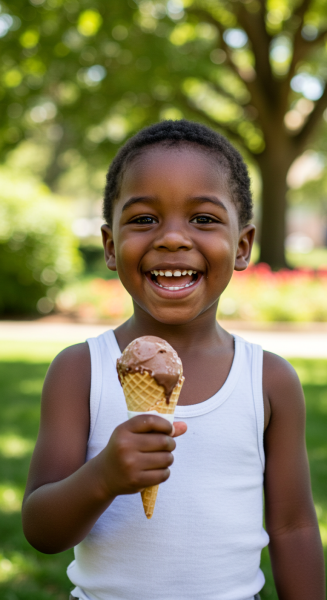 A black male child wearing a white singlet and holding an ice cream #1